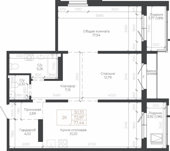 Планировка 2-комн 77,44 м²