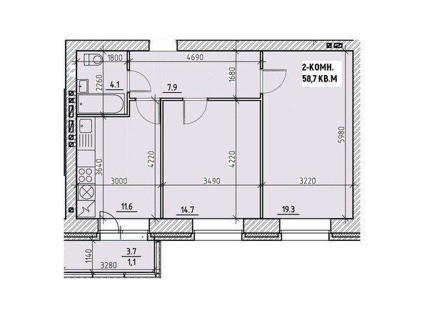 Планировка двухкомнатной квартиры 58,7 кв.м