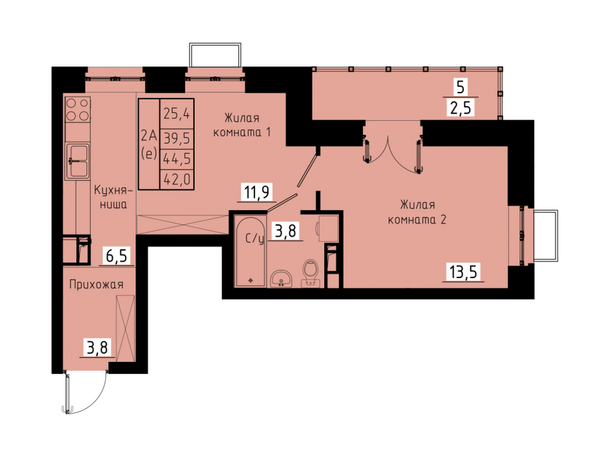 Планировка 2-комн 42 м²