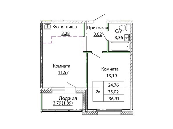 Планировка двухкомнатной квартиры 36,91 кв.м
