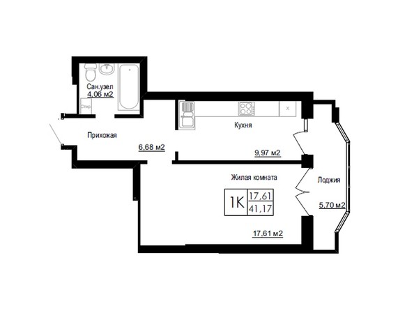 Планировка однокомнатной квартиры 41,17 кв.м
