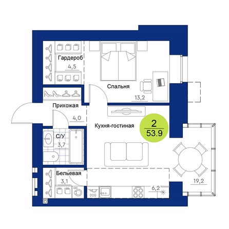 Планировка 2-комн 53,9 м²