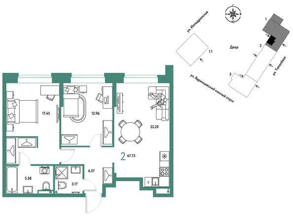 Планировка 2-комн 67,73 м²