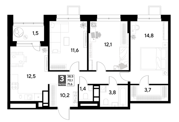Планировка 3-комн 69,8 - 73,9 м²