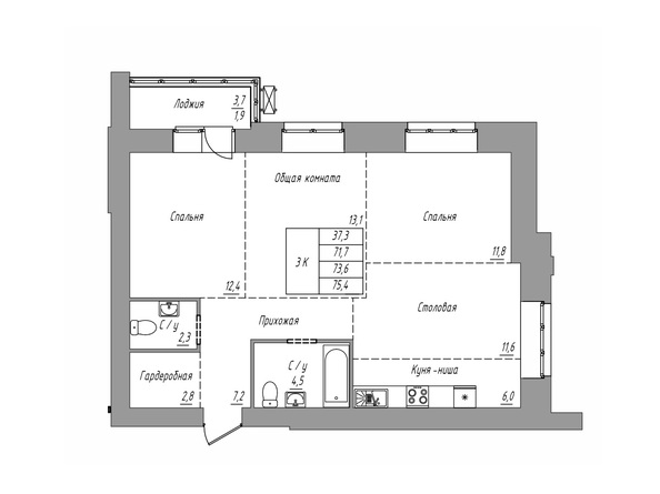 Планировка 3-комн 71,7 - 75,4 м²