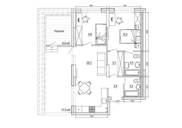 Планировка 2-комн 83,5 м²