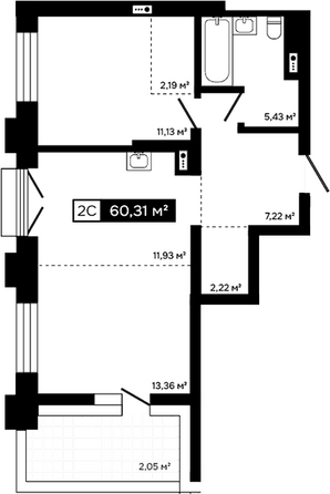 Планировка 2-комн 58,26 м²