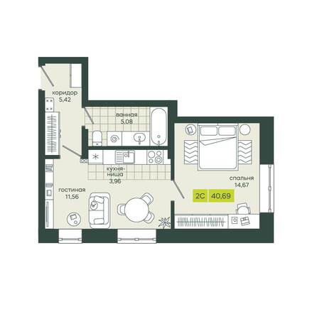 Планировка 2-комн 40,69 м²