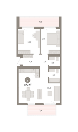 Планировка 2-комн 87,25 м²