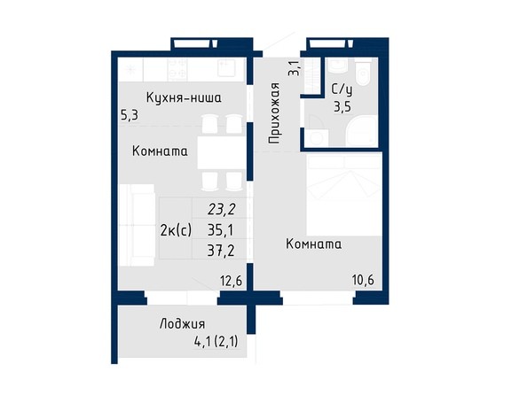 2-комнатная 37.2 кв.м
