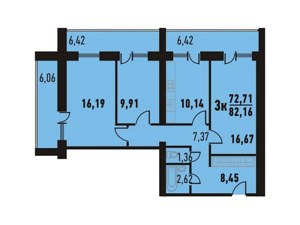 Планировка трёхкомнатной квартиры 82,16 кв.м