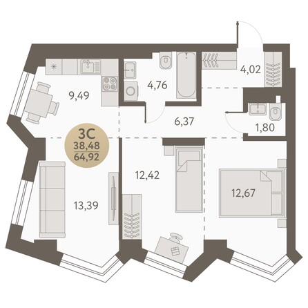 Планировка 3-комн 64,92 - 65,32 м²