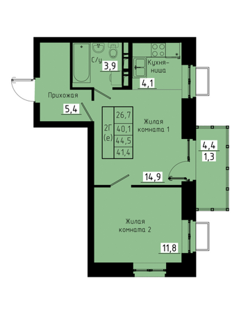 Планировка 2-комн 41,4 м²