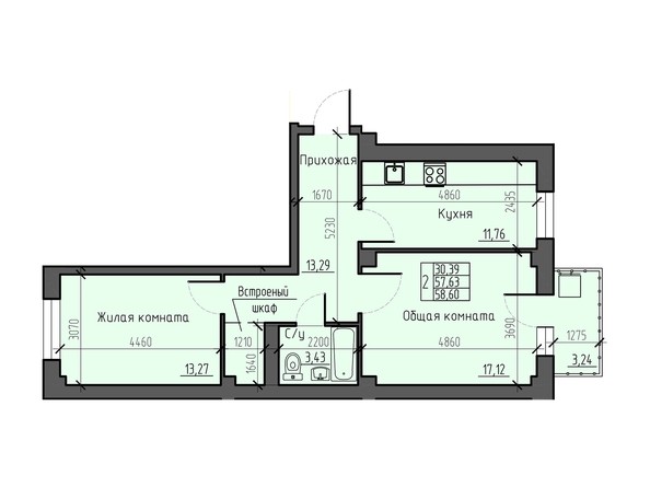 Планировка двухкомнатной квартиры 58,6 кв.м
