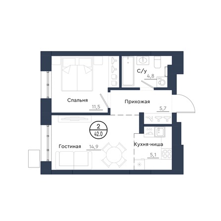 Планировка 2-комн 42 м²