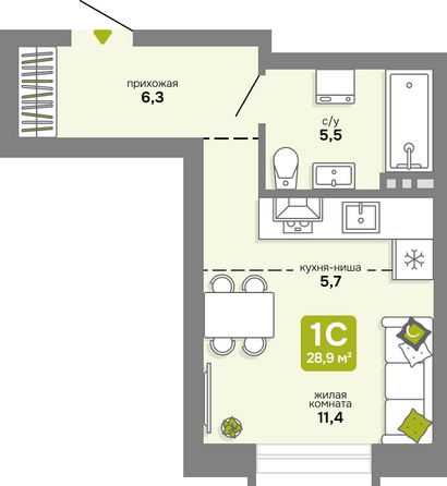 Планировка Студия 28,9 м²