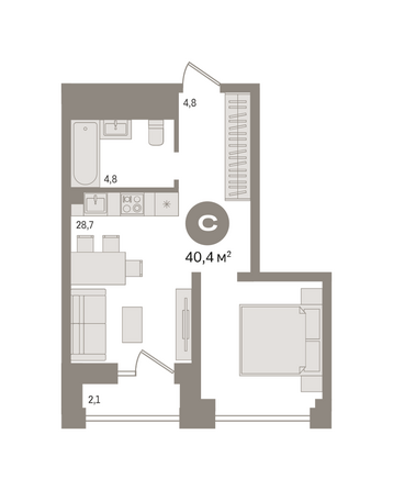 Планировка Студия 40,71 - 41,94 м²