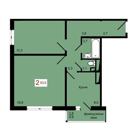 Планировка 2-комн 53,5 м²