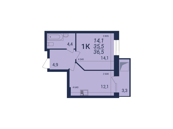 Планировка 1-комнатной квартиры 36,5 кв.м