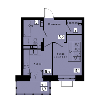 Планировка 1-комн 33,1 м²