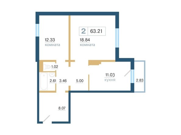 Планировка двухкомнатной квартиры 63,21 кв.м