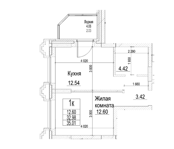 Планировка 1-комн 32,98 м²