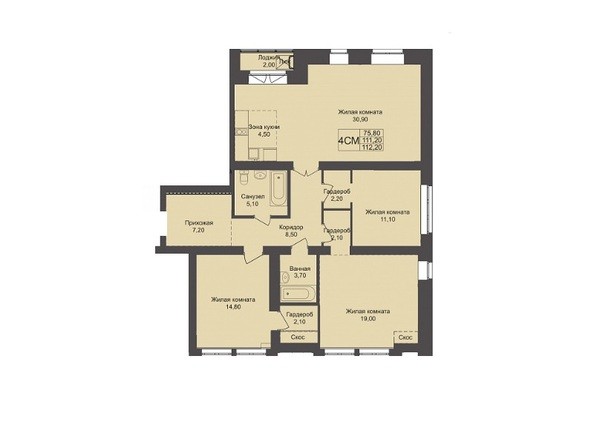 Планировка 4-комнатной квартиры 112,2 кв.м