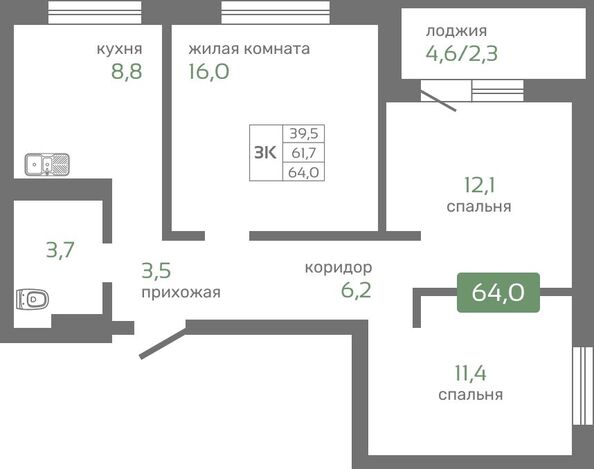 Планировка 3-комн 64, 64,2 м²