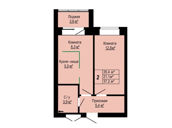 Планировка 2-комн 37,2 м²