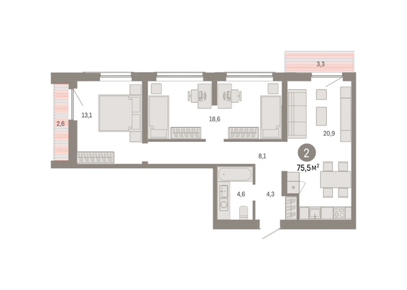 Планировка 2-комн 75,47, 75,48 м²