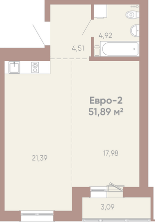 Планировка 1-комн 51,89 м²