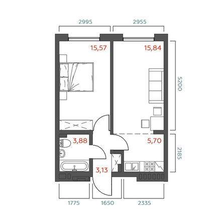 Планировка 1-комн 44,12, 44,33 м²
