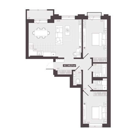 Планировка 3-комн 85,01 м²
