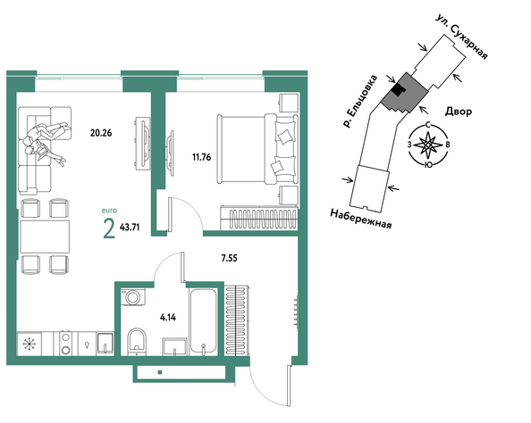 Планировка 2-комн 43,71 м²