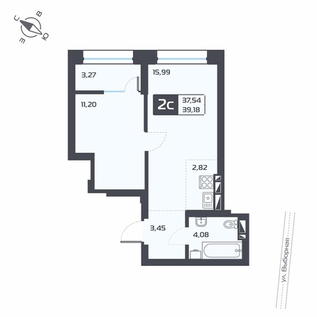 Планировка 2-комн 39,18 м²