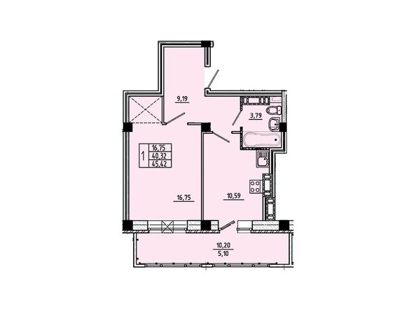 Планировка 1-комнатной квартиры 45,42 кв.м
