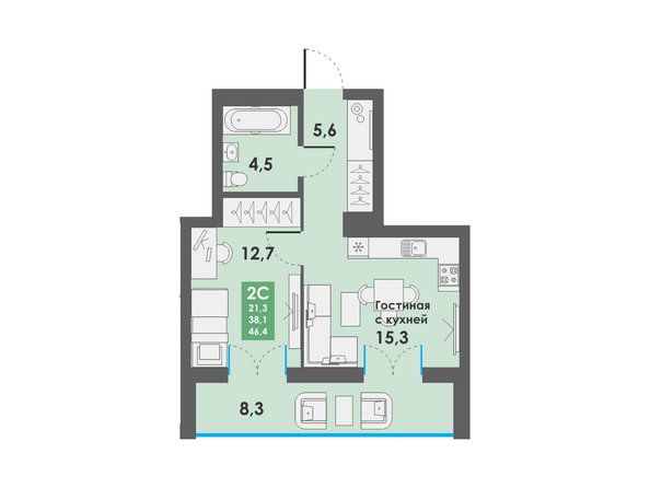 Планировка 2-комн 46,4 м²