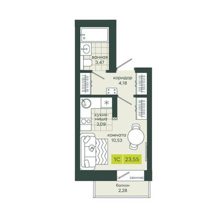 Планировка 1-комн 23,55 м²