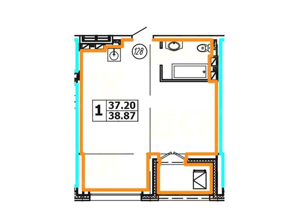 Планировка 1-комнатной квартиры 38,87 кв. м