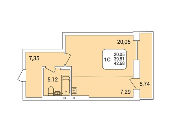 1-комнатная 42,68 кв.м