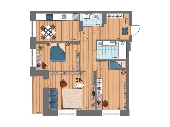 Планировка 3-комн 74,3 м²