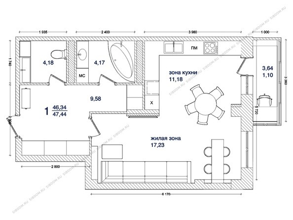 Планировка 1-комнатной квартиры 47,44 кв.м