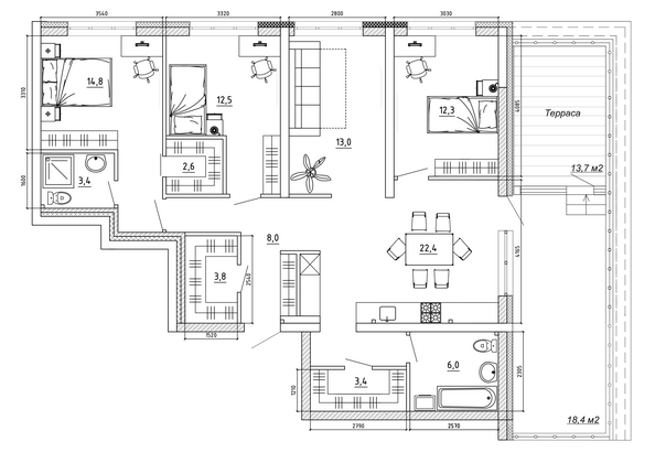 Планировка 3-комн 140,8 м²