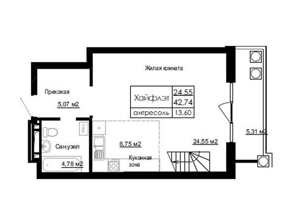Планировка двухкомнатной квартиры 42,74 кв.м. Уровень 1