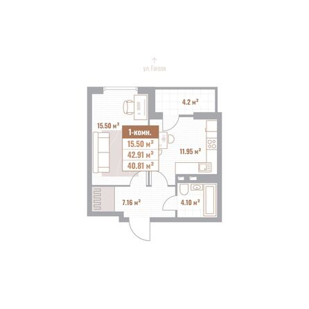 Планировка 1-комн 40,67, 40,81 м²
