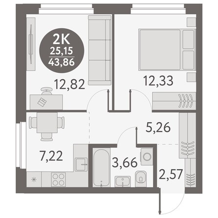 Планировка 2-комн 43,86 м²