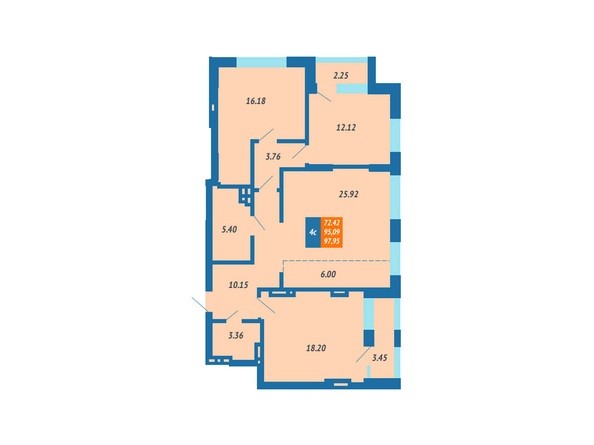 Планировка 3-комнатной квартиры 95,09 кв.м