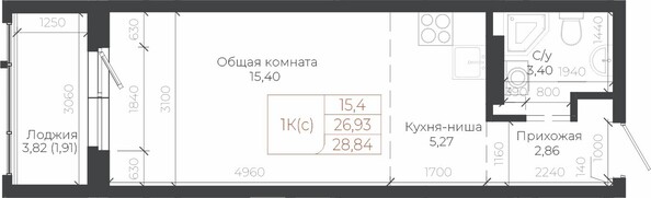 Планировка 1-комн 28,84 м²