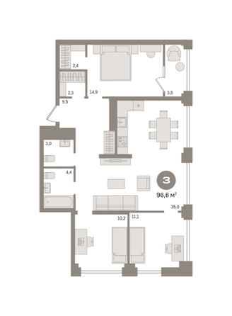 Планировка 3-комн 96,59, 96,8 м²