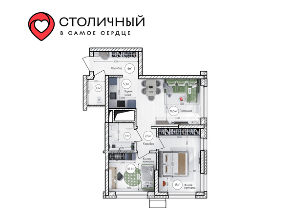 Планировка 3-комн 62,4 м²